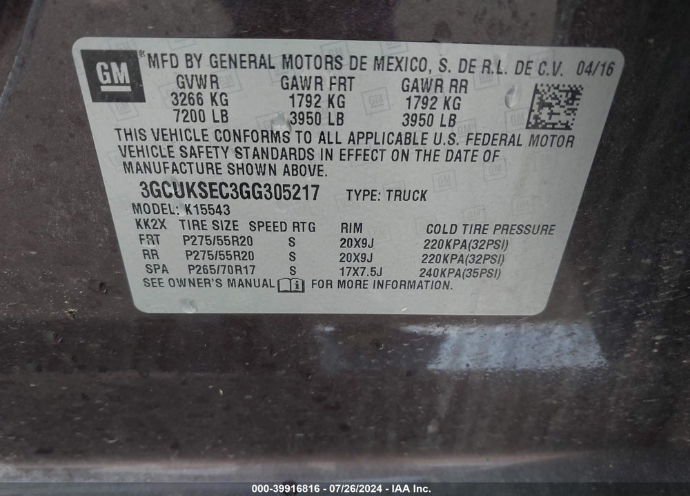 2016 CHEVROLET SILVERADO 1500 1LZ VIN: 3GCUKSEC3GG305217