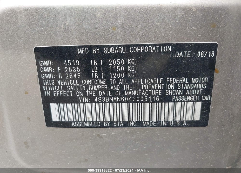 2019 SUBARU LEGACY 2.5I LIMITED VIN: 4S3BNAN60K3005116