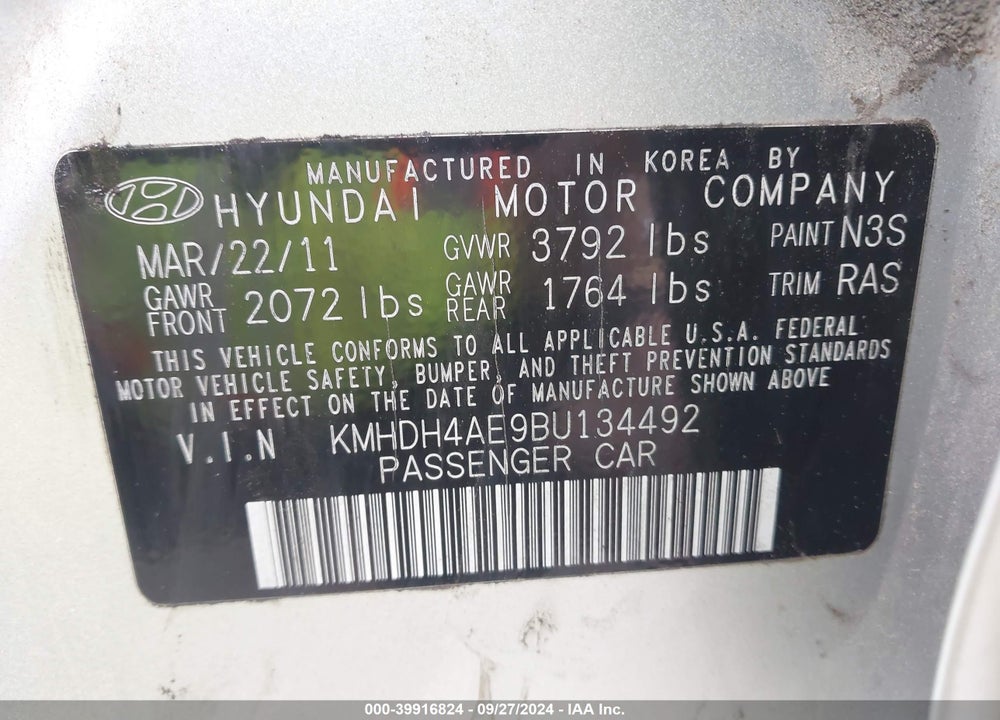2011 HYUNDAI ELANTRA GLS (ULSAN PLANT) VIN: KMHDH4AE9BU134492
