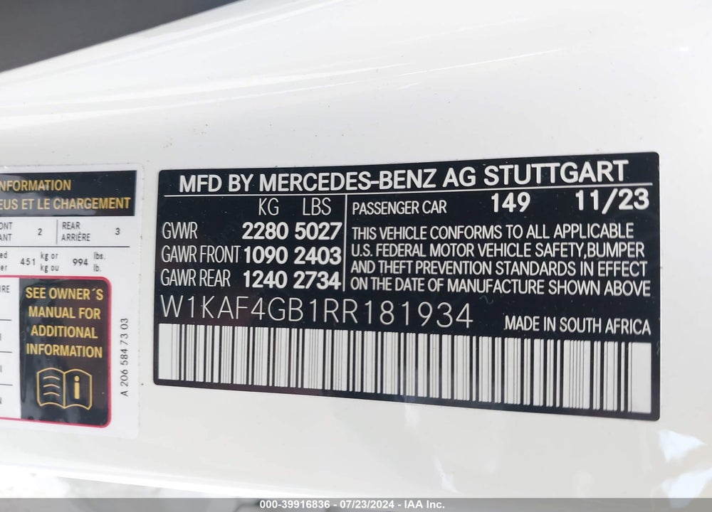 2024 MERCEDES-BENZ C 300 VIN: W1KAF4GB1RR181934