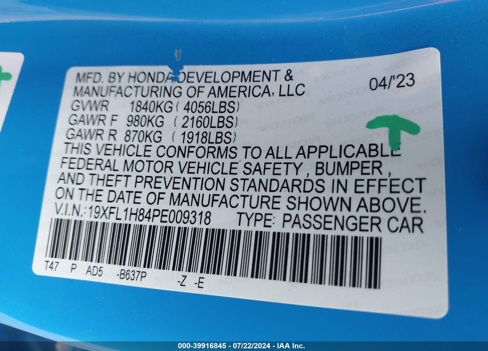2023 HONDA CIVIC SPORT TOURING VIN: 19XFL1H84PE009318