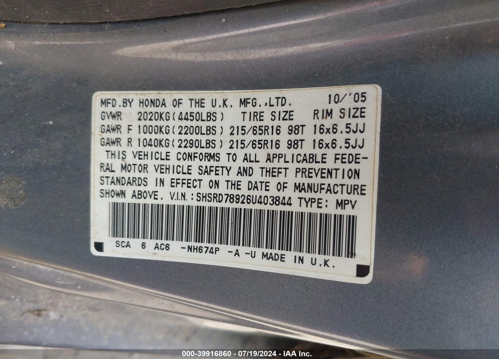 2006 HONDA CR-V SE VIN: SHSRD78926U403844