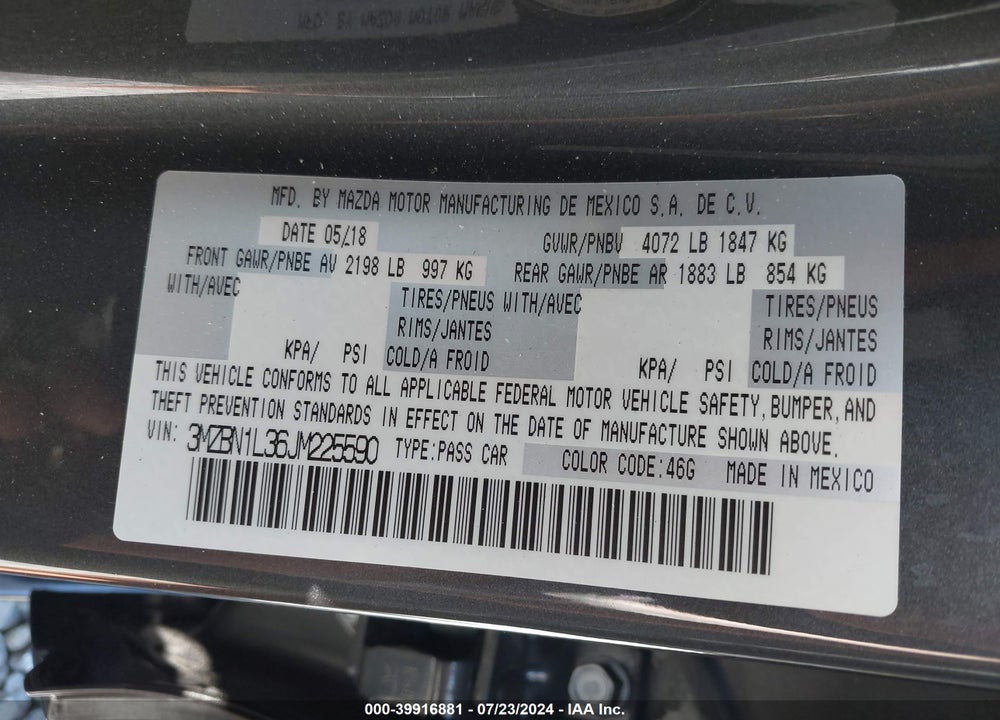 2018 MAZDA 3 TOURING VIN: 3MZBN1L36JM225590