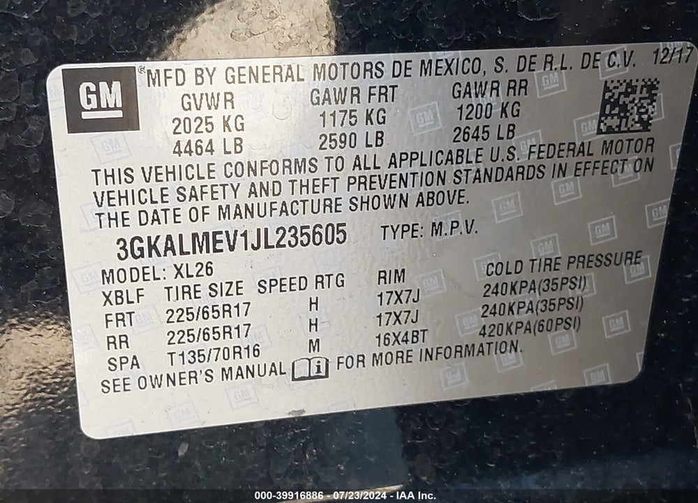 2018 GMC TERRAIN SLE VIN: 3GKALMEV1JL235605