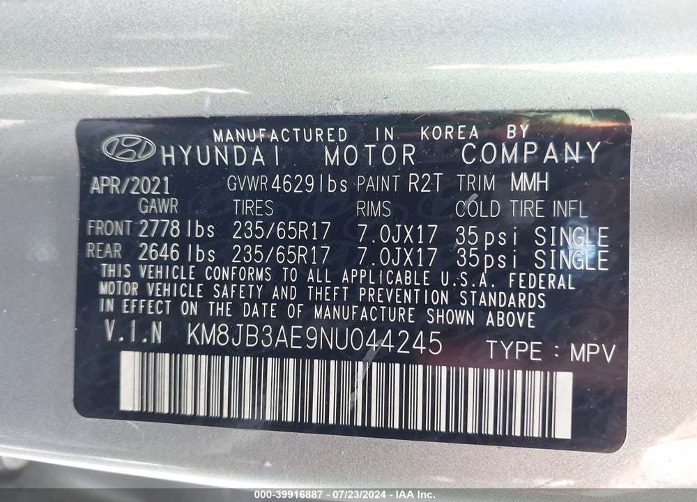 2022 HYUNDAI TUCSON SEL VIN: KM8JB3AE9NU044245
