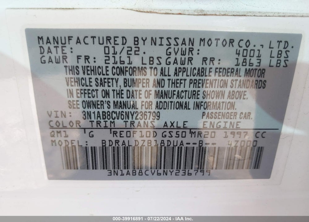 2022 NISSAN SENTRA SV XTRONIC CVT VIN: 3N1AB8CV6NY236799