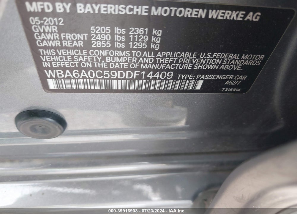 2013 BMW 640I GRAN COUPE VIN: WBA6A0C59DDF14409