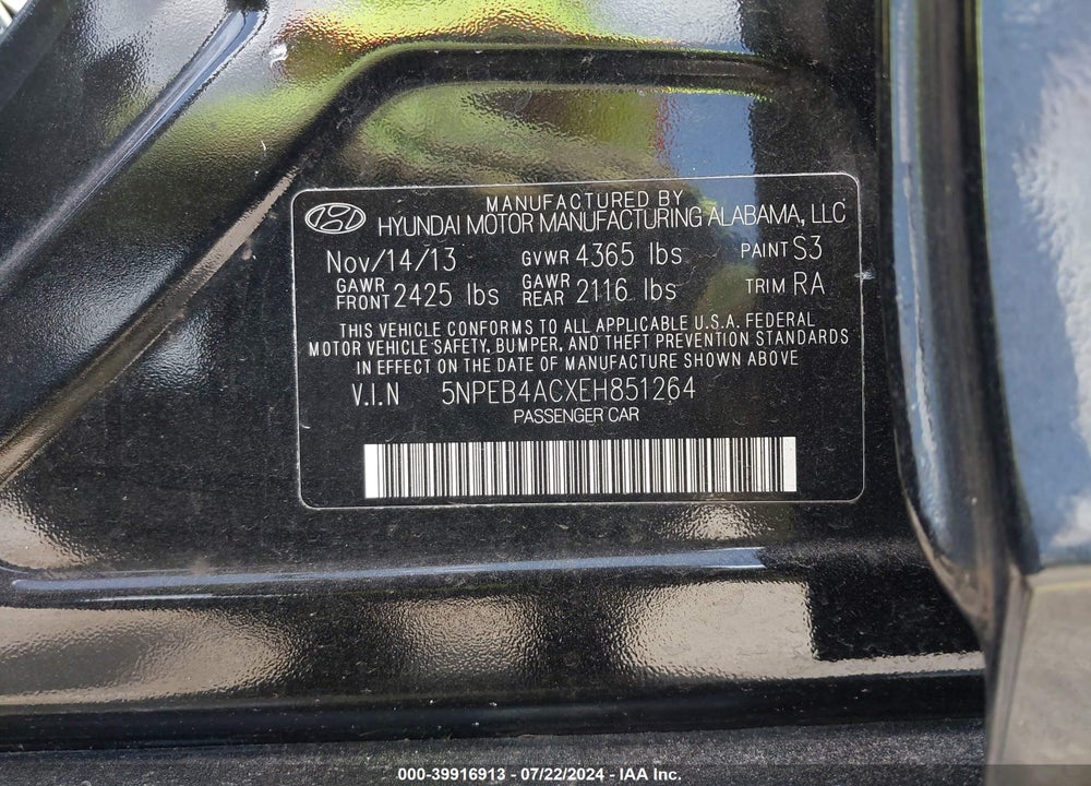 2014 HYUNDAI SONATA GLS VIN: 5NPEB4ACXEH851264