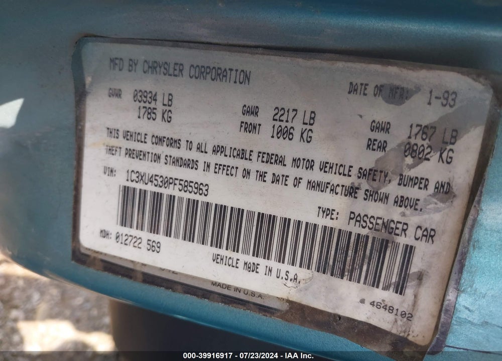 1993 CHRYSLER LEBARON VIN: 1C3XU4530PF585963