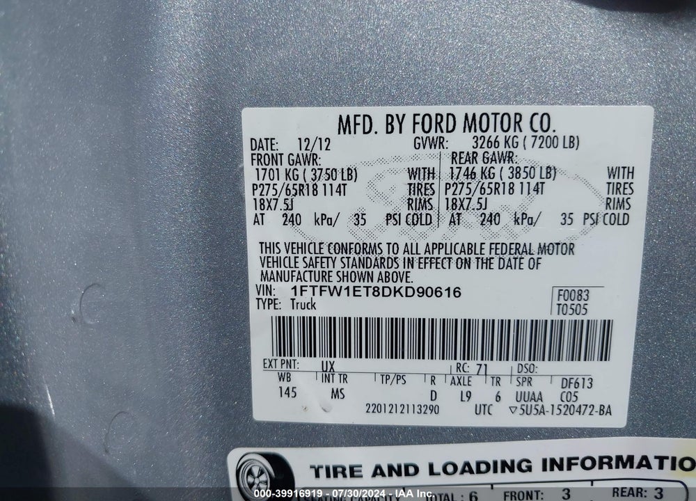 2013 FORD F-150 XLT VIN: 1FTFW1ET8DKD90616