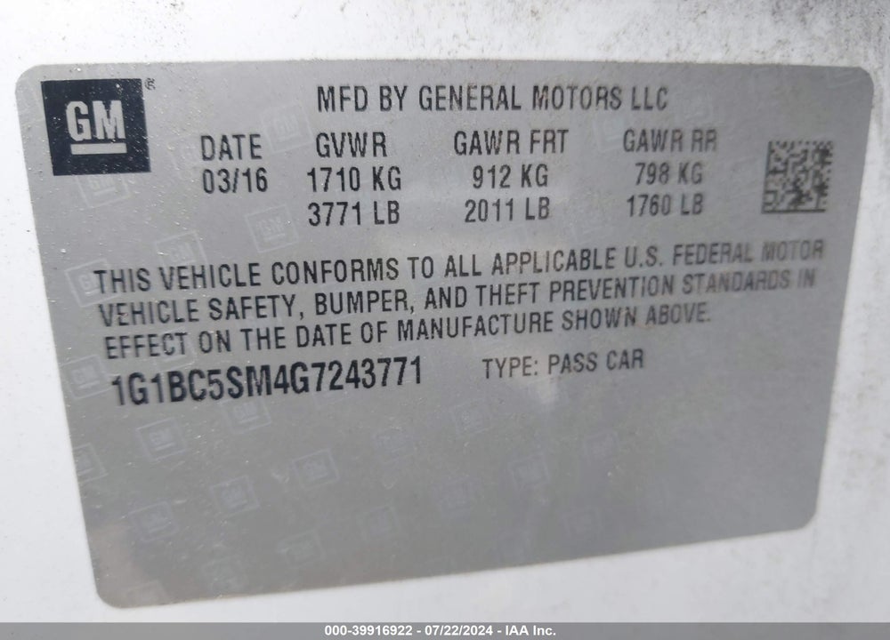 2016 CHEVROLET CRUZE LS AUTO VIN: 1G1BC5SM4G7243771