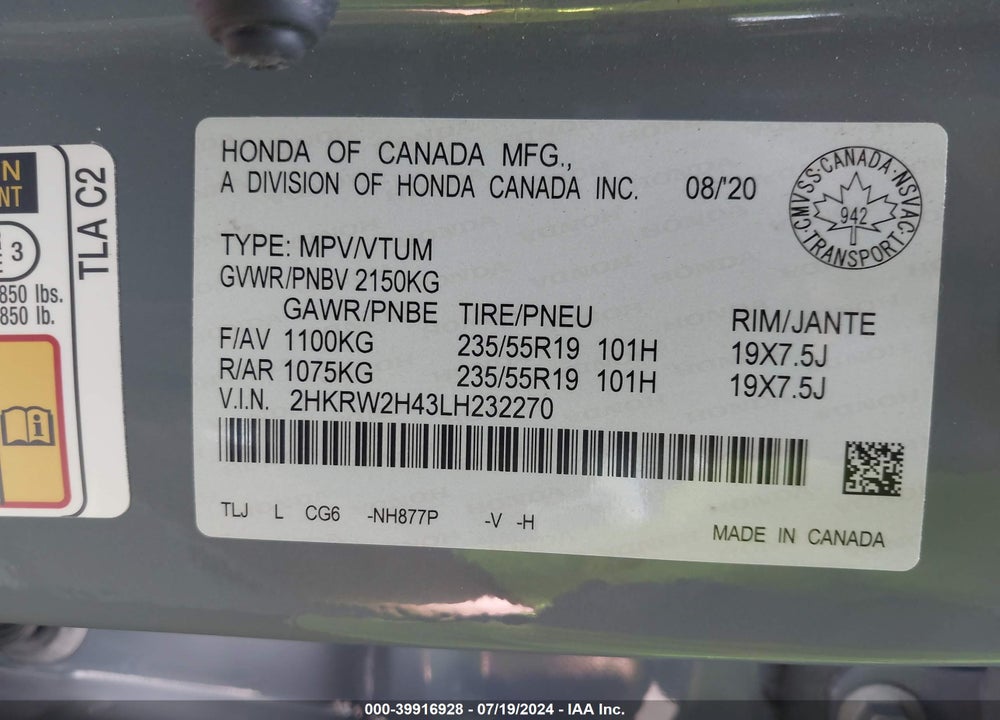 2020 HONDA CR-V VIN: 2HKRW2H43LH232270