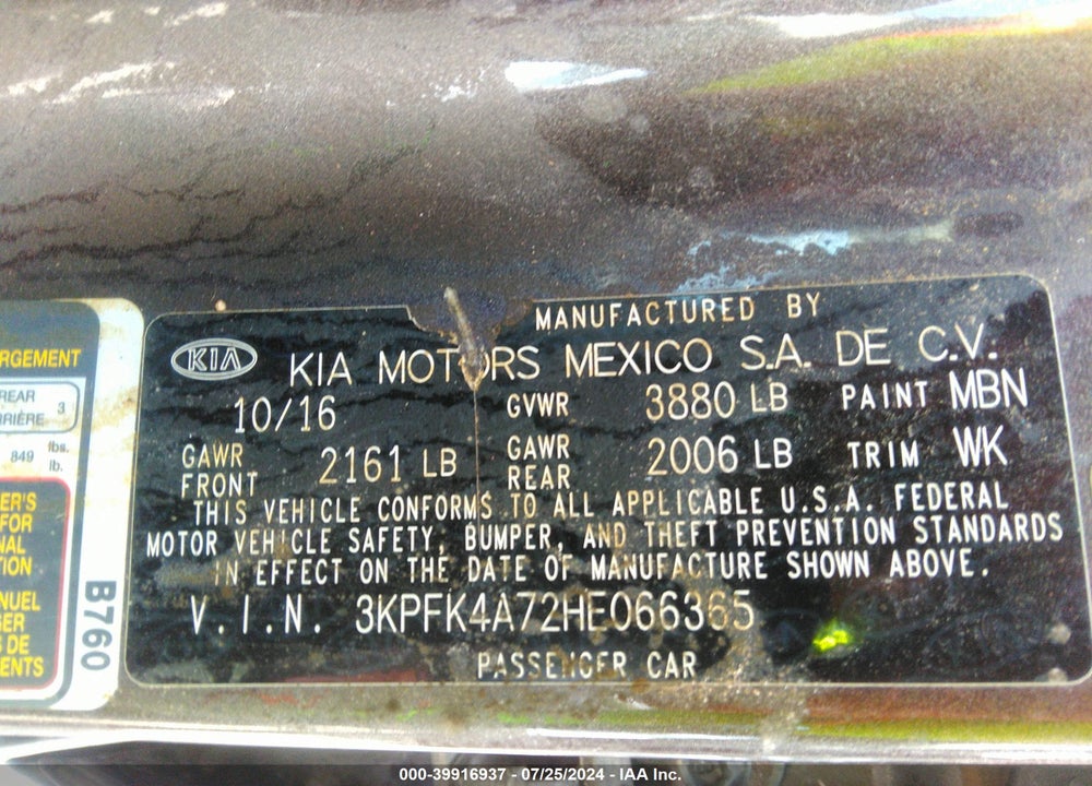 2017 KIA FORTE LX VIN: 3KPFK4A72HE066365