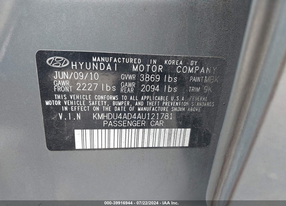 2010 HYUNDAI ELANTRA GLS VIN: KMHDU4AD4AU121781