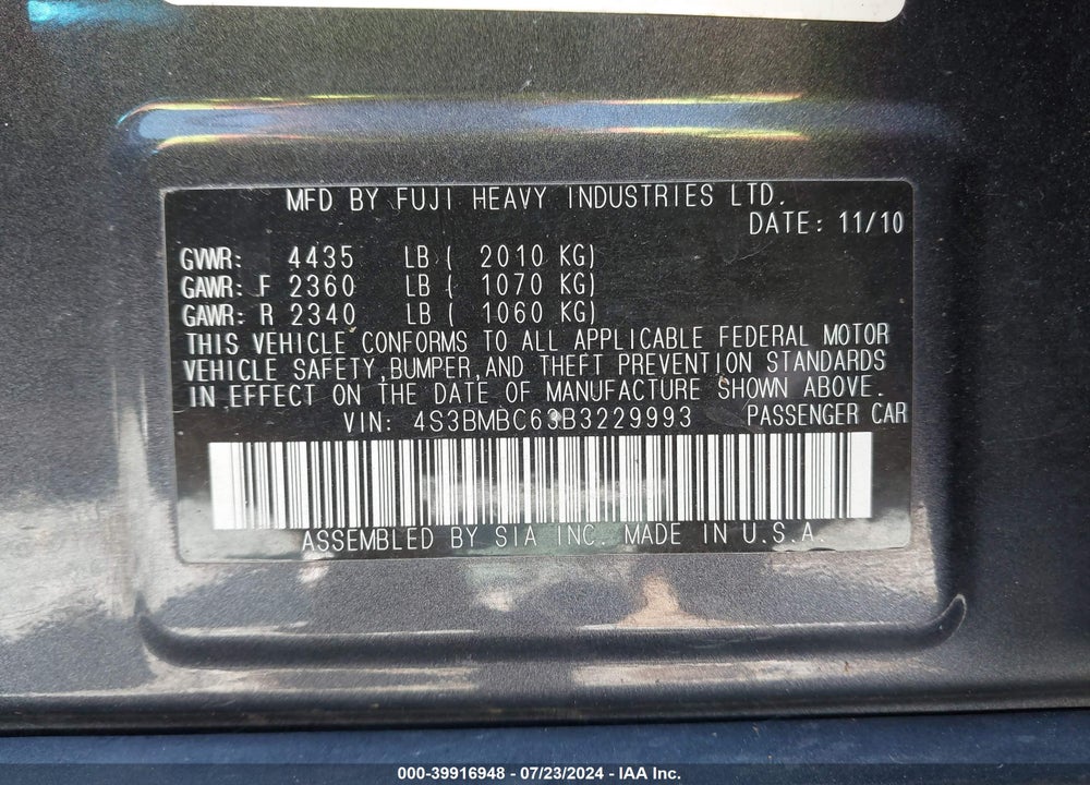 2011 SUBARU LEGACY 2.5I PREMIUM VIN: 4S3BMBC63B3229993
