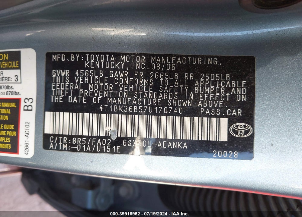 2007 TOYOTA AVALON XL VIN: 4T1BK36B57U170740