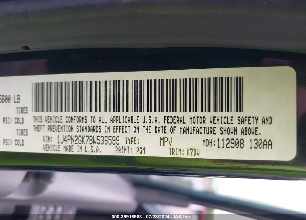 2011 JEEP LIBERTY SPORT VIN: 1J4PN2GK7BW536599