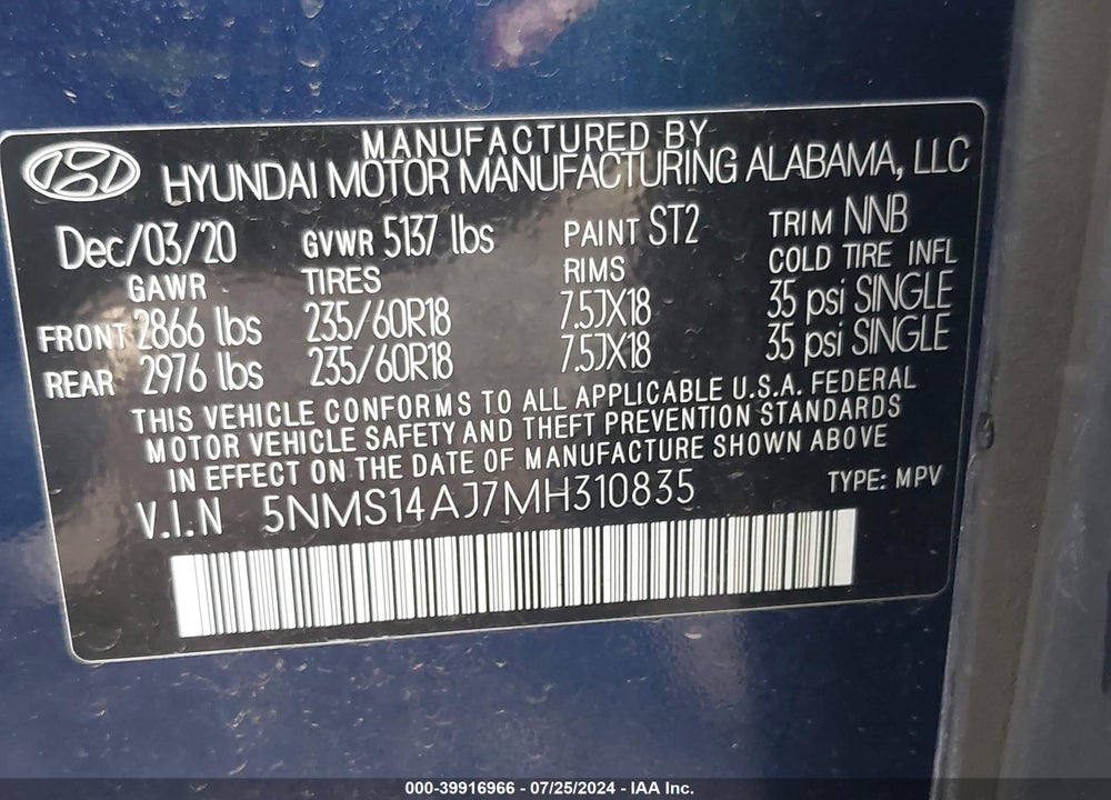 2021 HYUNDAI SANTA FE SE VIN: 5NMS14AJ7MH310835