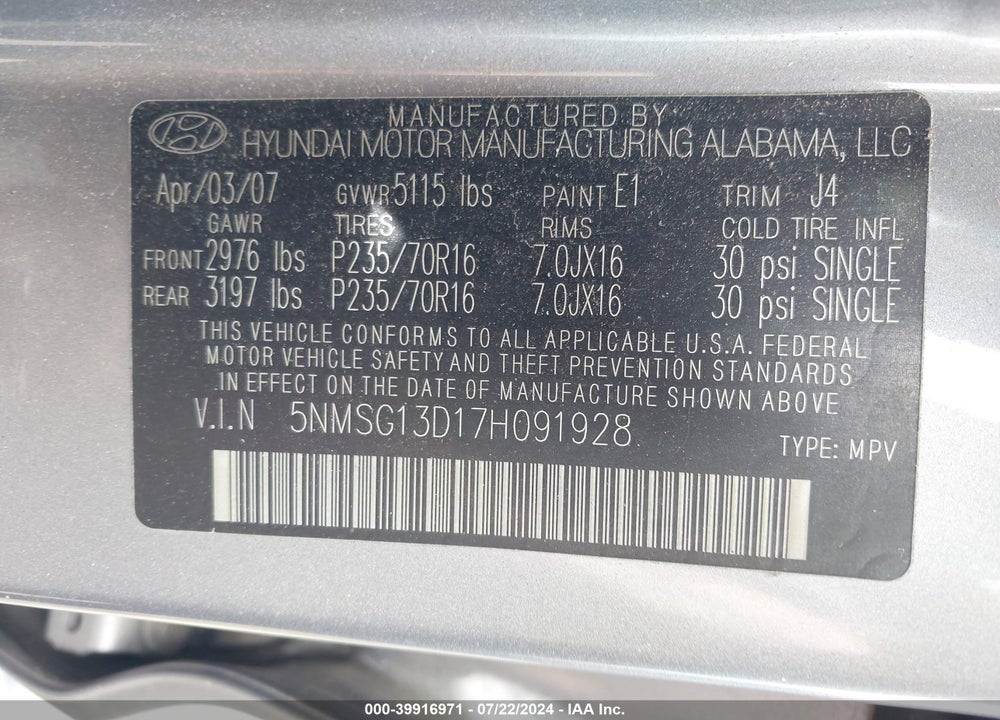 2007 HYUNDAI SANTA FE VIN: 5NMSG13D17H091928