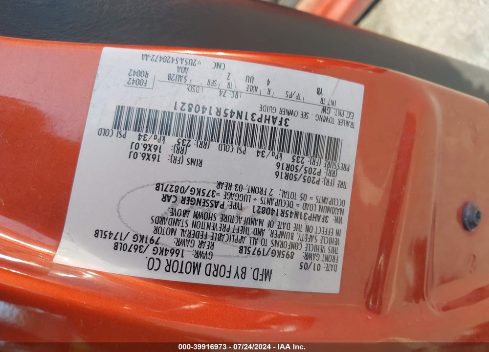 2005 FORD FOCUS ZX3 VIN: 3FAHP31N45R140821