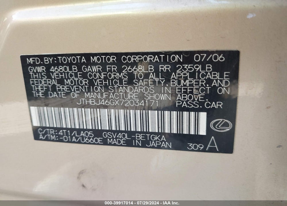 2007 LEXUS ES 350 VIN: JTHBJ46GX72034171