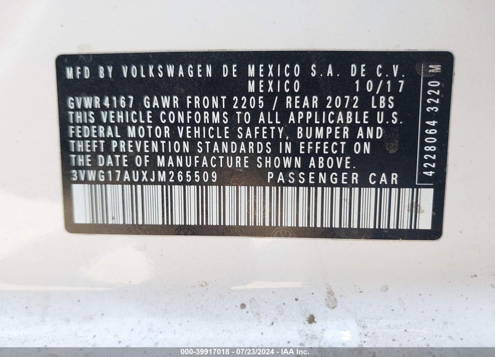 2018 VOLKSWAGEN GOLF TSI S/TSI SE VIN: 3VWG17AUXJM265509