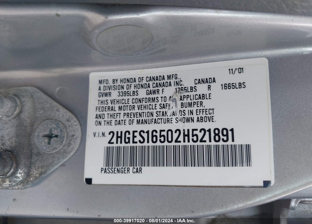 2002 HONDA CIVIC LX VIN: 2HGES16502H521891