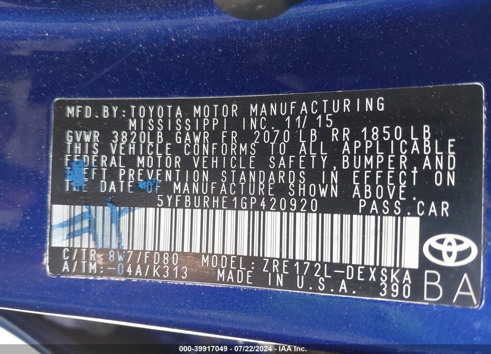 2016 TOYOTA COROLLA S PLUS VIN: 5YFBURHE1GP420920