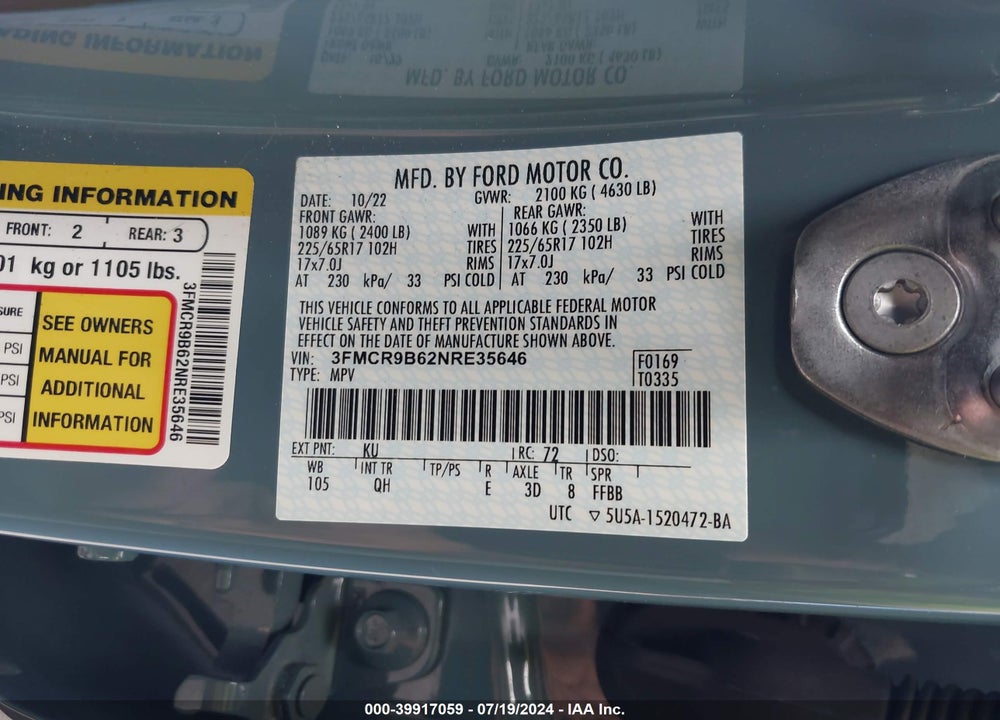 2022 FORD BRONCO SPORT BIG BEND VIN: 3FMCR9B62NRE35646