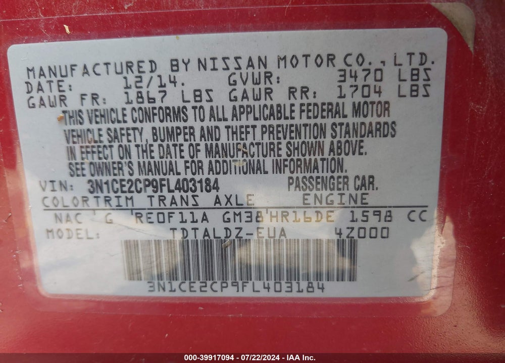 2015 NISSAN VERSA NOTE S (SR)/S PLUS/SL/SR/SV VIN: 3N1CE2CP9FL403184