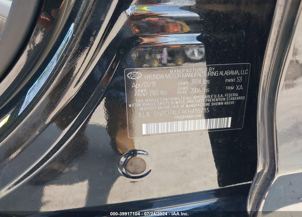 2019 HYUNDAI ELANTRA SE VIN: 5NPD74LF4KH485785