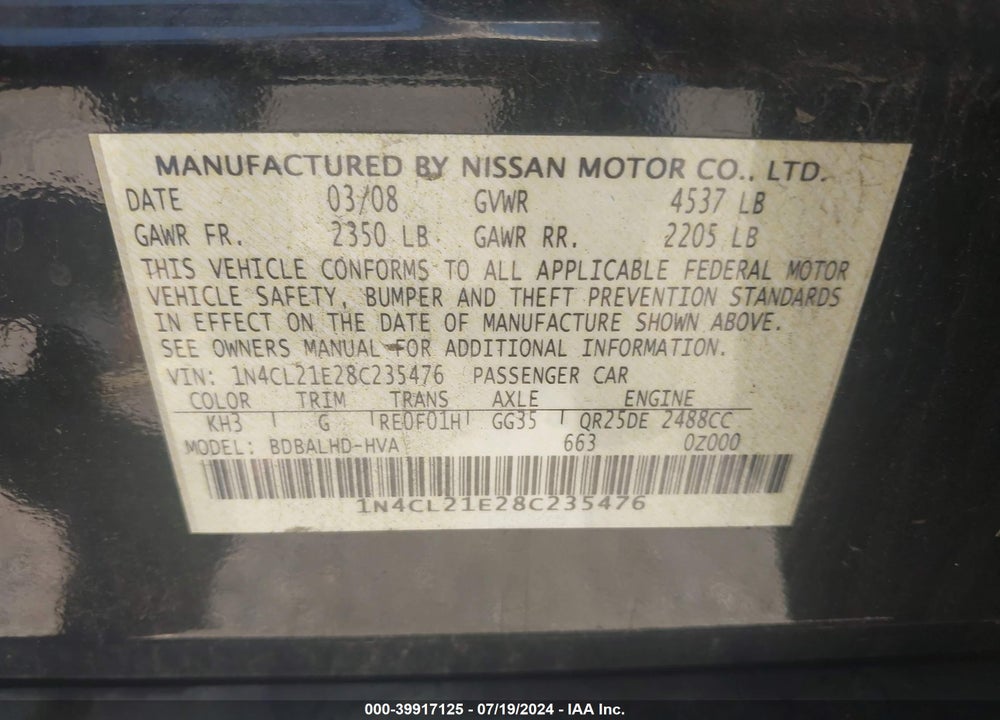 2008 NISSAN ALTIMA HYBRID VIN: 1N4CL21E28C235476