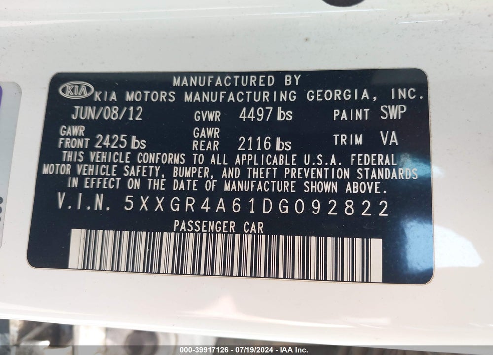 2013 KIA OPTIMA SX VIN: 5XXGR4A61DG092822