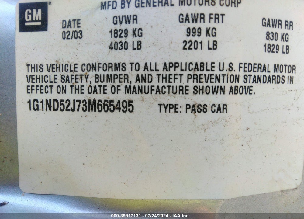 2003 CHEVROLET MALIBU VIN: 1G1ND52J73M665495