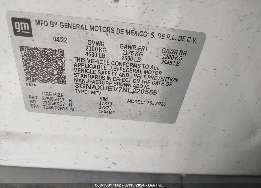 2022 CHEVROLET EQUINOX AWD LT VIN: 3GNAXUEV7NL220555
