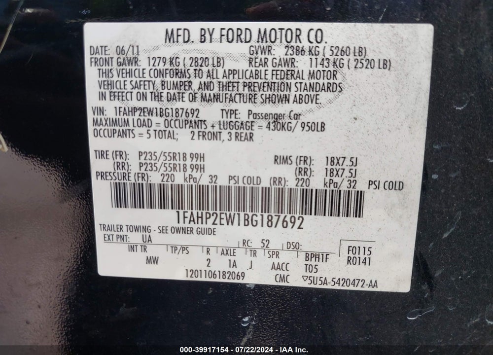 2011 FORD TAURUS SEL VIN: 1FAHP2EW1BG187692