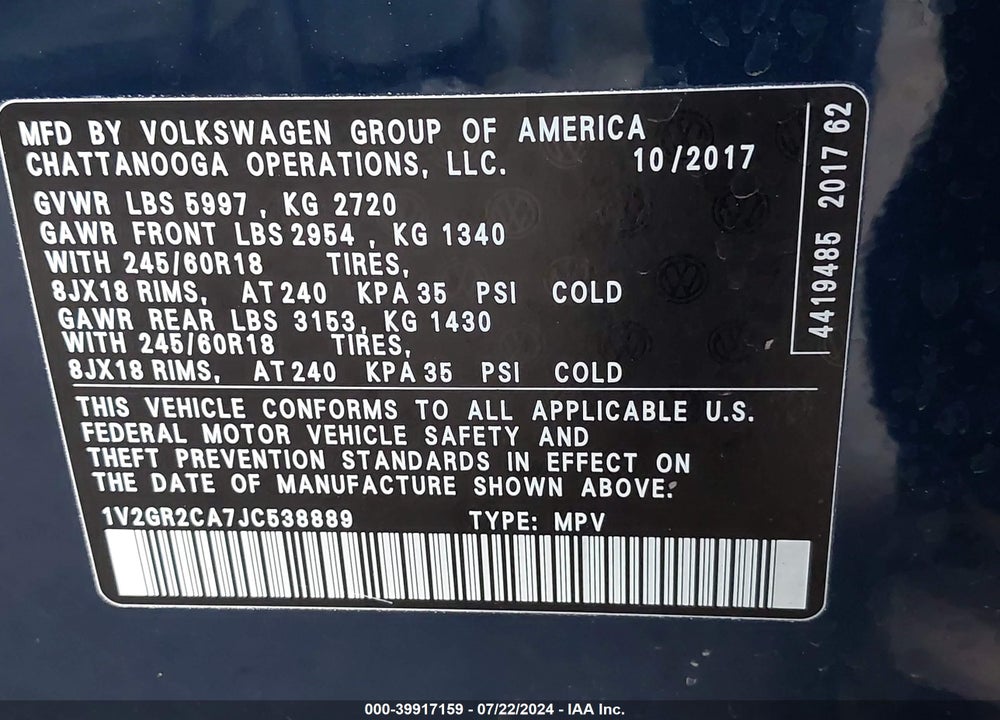 2018 VOLKSWAGEN ATLAS VIN: 1V2GR2CA7JC538889