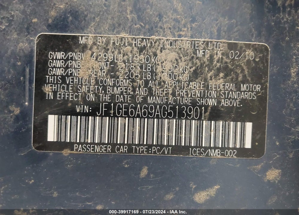 2010 SUBARU IMPREZA 2.5I VIN: JF1GE6A69AG513901