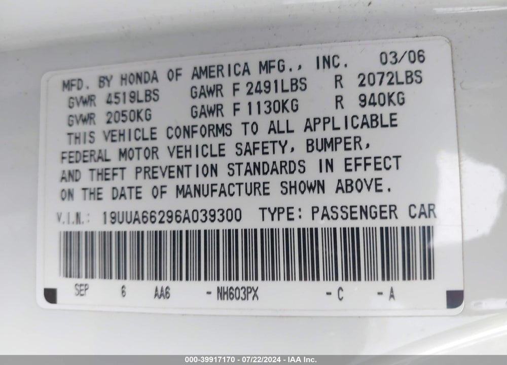 2006 ACURA TL VIN: 19UUA66296A039300