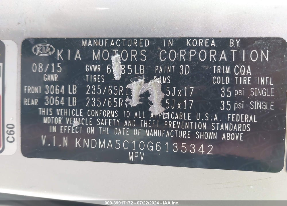 2016 KIA SEDONA VIN: KNDMA5C10G6135342