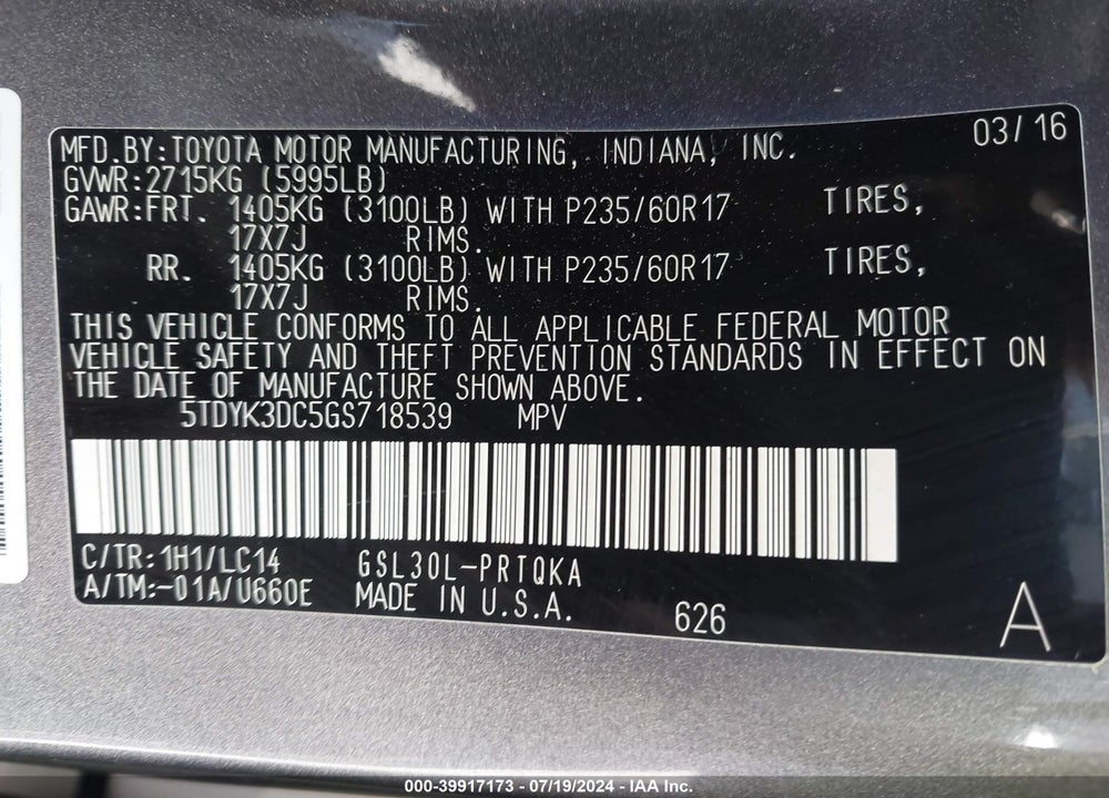 2016 TOYOTA SIENNA XLE 8 PASSENGER VIN: 5TDYK3DC5GS718539