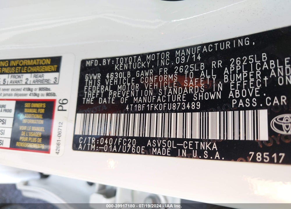 2015 TOYOTA CAMRY LE VIN: 4T1BF1FK0FU873489