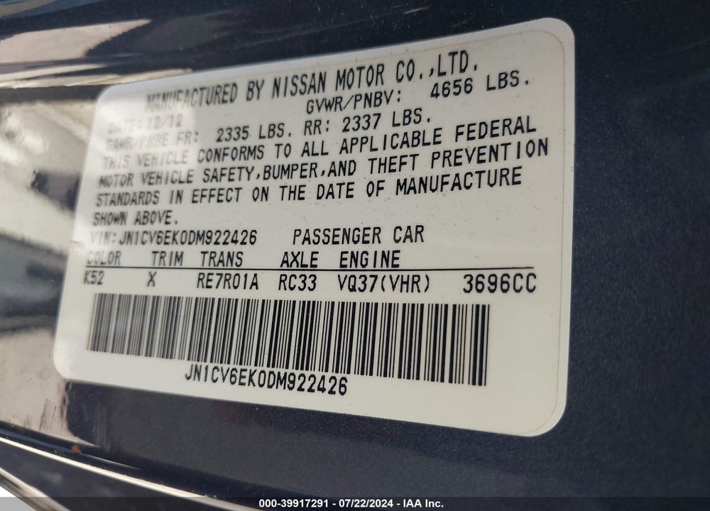 2013 INFINITI G37 JOURNEY VIN: JN1CV6EK0DM922426