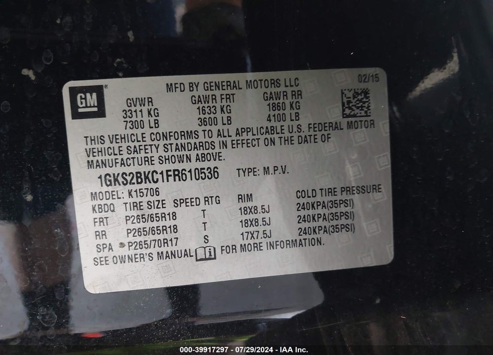 2015 GMC YUKON SLT VIN: 1GKS2BKC1FR610536