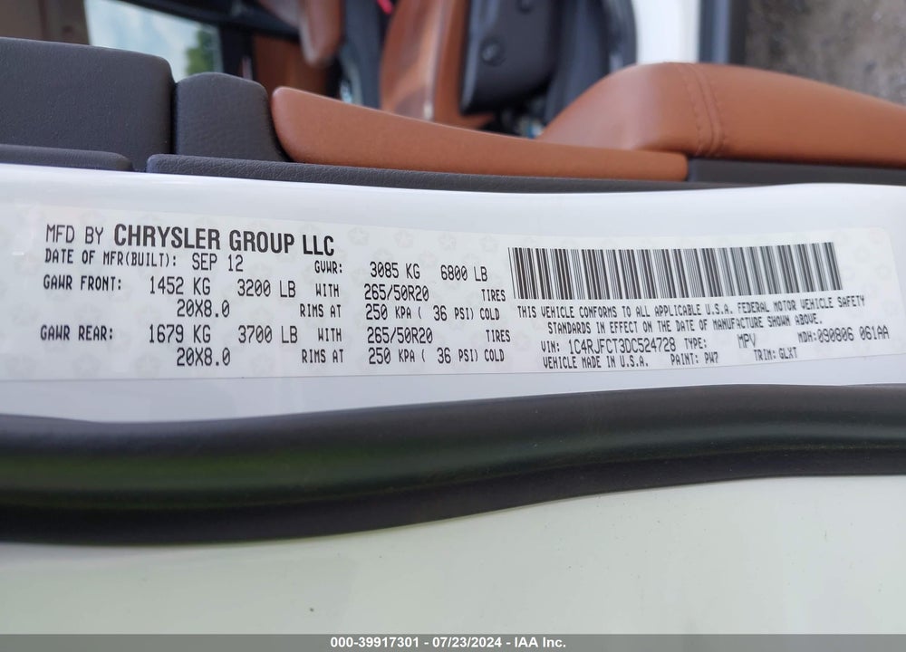 2013 JEEP GRAND CHEROKEE VIN: 1C4RJFCT3DC524728