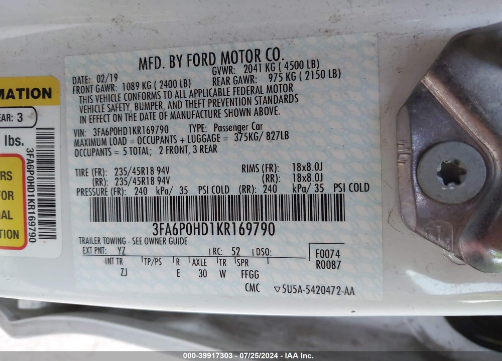 2019 FORD FUSION SE VIN: 3FA6P0HD1KR169790