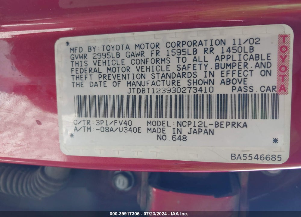 2003 TOYOTA ECHO VIN: JTDBT123930273410