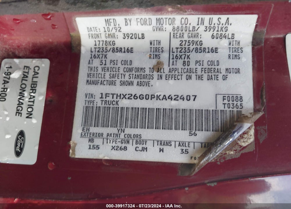1993 FORD F250 VIN: 1FTHX26G0PKA42407