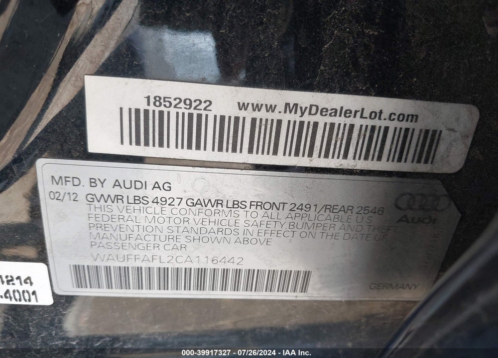 2012 AUDI A4 2.0T PREMIUM VIN: WAUFFAFL2CA116442