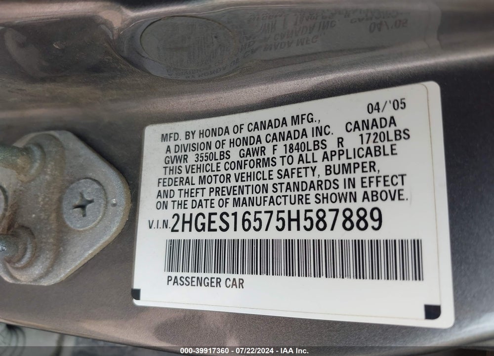 2005 HONDA CIVIC LX VIN: 2HGES16575H587889